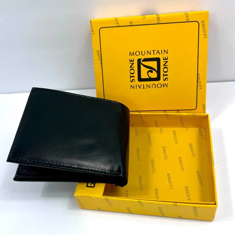 ⭐️STONE MOUNTAIN💯MENS BLACK LEATHER WALLET W/RFID PROTECTION, INTERIOR ZIPPER